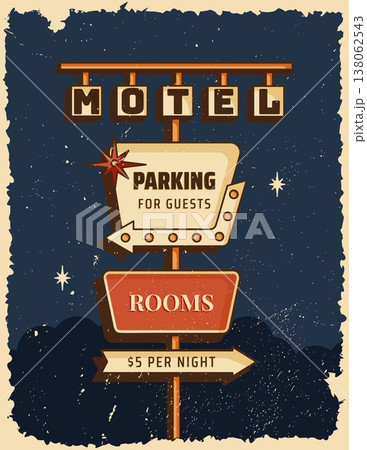 Retro roadside vertical poster classic American motel parking and rooms signboard with bold vintage typography and arrow. Vector illustration in midcentury 1950s style for print, wall art 138062543