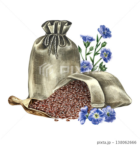 Flaxseed in a burlap bags and wooden scoop and blue flax flowers. Hand-drawn watercolor illustration. Element of design for labels and packaging, as well as banners, posters, and more. 138062666