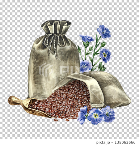 Flaxseed in a burlap bags and wooden scoop and blue flax flowers. Hand-drawn watercolor illustration. Element of design for labels and packaging, as well as banners, posters, and more. 138062666