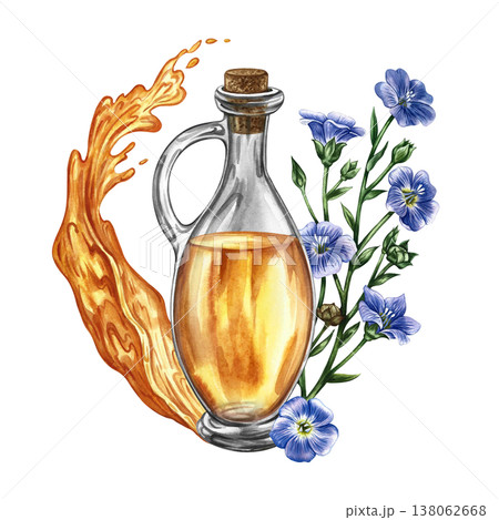 Flaxseed oil. Hand-drawn watercolor illustration. Glass bottle of oil, splash of oil, and flax flowers. Element of label and packaging design, banners, posters, and more. Flaxseed oil. Hand-drawn watercolor illustration. Glass bottle of oil, splash of oil, and flax flowers. Element of label and packaging design, banners, posters, and more. 138062668