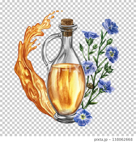 Flaxseed oil. Hand-drawn watercolor illustration. Glass bottle of oil, splash of oil, and flax flowers. Element of label and packaging design, banners, posters, and more. Flaxseed oil. Hand-drawn watercolor illustration. Glass bottle of oil, splash of oil, and flax flowers. Element of label and packaging design, banners, posters, and more. 138062668