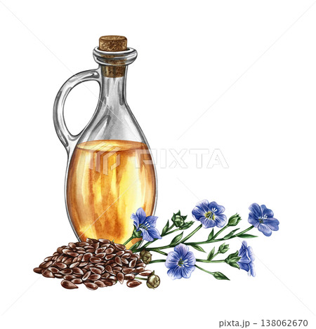 Flaxseed oil. Hand-drawn watercolor illustration. Glass bottle of oil, a handful of flax seeds, and flax flowers. Element of label and packaging design, banners, posters, and more. 138062670