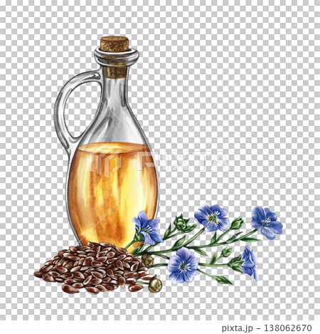 Flaxseed oil. Hand-drawn watercolor illustration. Glass bottle of oil, a handful of flax seeds, and flax flowers. Element of label and packaging design, banners, posters, and more. 138062670