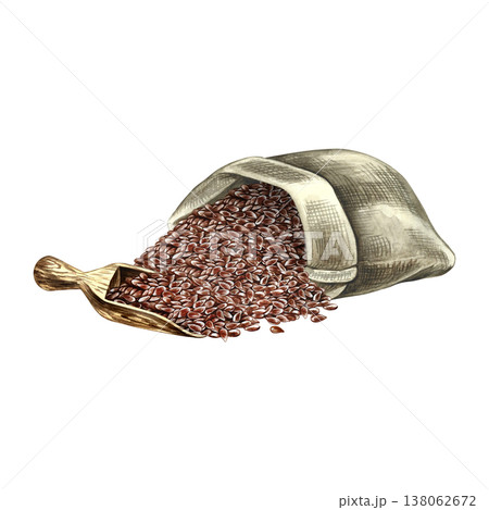Flaxseed in a burlap bag and a wooden scoop. Hand-drawn watercolor illustration. Element of label and packaging design, as well as banners, posters, and more. Flaxseed in a burlap bag and a wooden scoop. Hand-drawn watercolor illustration. Element of label and packaging design, as well as banners, posters, and more. 138062672