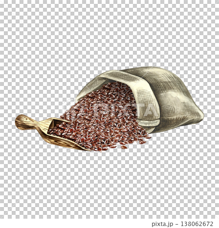 Flaxseed in a burlap bag and a wooden scoop. Hand-drawn watercolor illustration. Element of label and packaging design, as well as banners, posters, and more. Flaxseed in a burlap bag and a wooden scoop. Hand-drawn watercolor illustration. Element of label and packaging design, as well as banners, posters, and more. 138062672