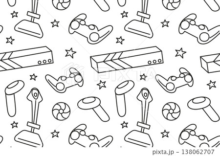 Black and white gaming controllers, outline VR headsets, console joysticks seamless pattern. Video game and virtual reality vector illustration, black and white pattern on white background Black and white gaming controllers, outline VR headsets, console joysticks seamless pattern. Video game and virtual reality vector illustration, black and white pattern on white background 138062707