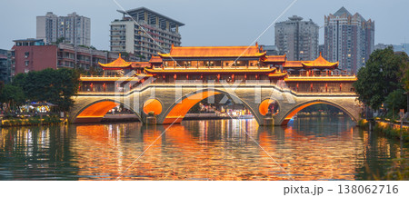 Beautiful Anshun Bridge, Bridge of the Peaceful and Fluent is a bridge in Chengdu, Sichuan, China. It crosses the Jin River. Landmark and popular for tourists attractions Beautiful Anshun Bridge, Bridge of the Peaceful and Fluent is a bridge in Chengdu, Sichuan, China. It crosses the Jin River. Landmark and popular for tourists attractions 138062716