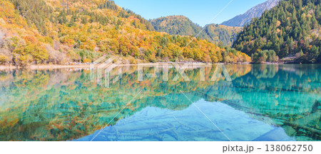 Scenery Jiuzhaigou national park in Sichuan, China. Beautiful Five Flower Lake in Autumn season. Famous Landmark and Vacation near Chengdu, China. Asia travel concept 138062750