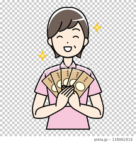 お札を持っている笑顔の中年女性（ポロシャツ姿） 138062818