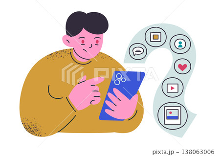 Flat cartoon tired character with red eyes scrolling smartphone, endless feed doomscrolling scene. Social media addiction, screen time, likes and online friends, digital wellbeing vector illustration Flat cartoon tired character with red eyes scrolling smartphone, endless feed doomscrolling scene. Social media addiction, screen time, likes and online friends, digital wellbeing vector illustration 138063006