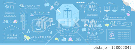 梅雨の自然のあしらいとフレームデザインアイデアセット【青背景】 138063045