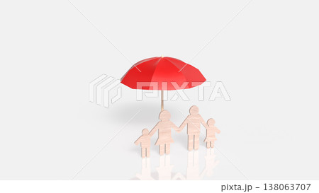 Family Protection Concept With Red Umbrella And Wooden Figures 3d render. Family Protection Concept With Red Umbrella And Wooden Figures 3d render. 138063707