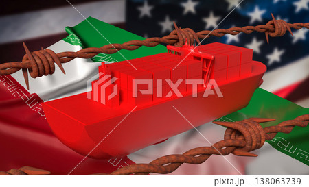 Global Trade Conflict Cargo Ship Behind Barbed Wire 3d render. Global Trade Conflict Cargo Ship Behind Barbed Wire 3d render. 138063739