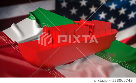 Red Cargo Container Ship Over Iran And United States Flags Trade Concept 3d render. 138063742