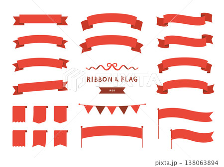 赤のリボンとフラッグの装飾セット 見出しバナー素材 138063894