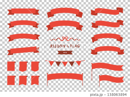 赤のリボンとフラッグの装飾セット 見出しバナー素材 138063894