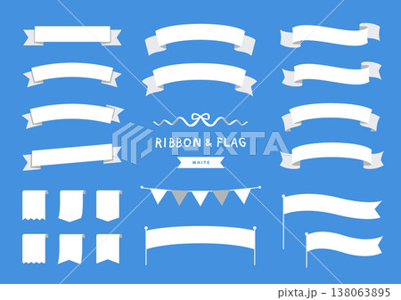 白のリボンとフラッグの装飾セット シンプルなイベントバナー素材 白のリボンとフラッグの装飾セット シンプルなイベントバナー素材 138063895