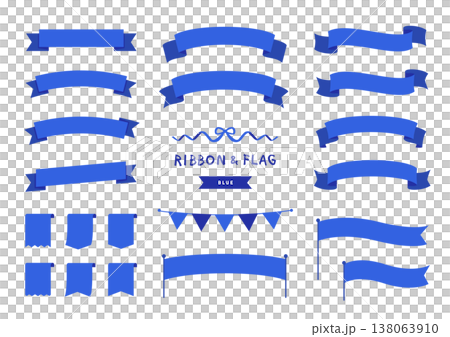 青のリボンとフラッグの装飾セット シンプルな見出し素材 138063910