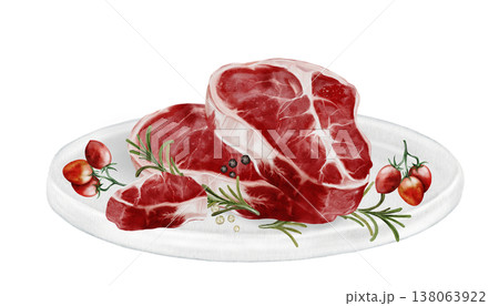 Fresh meat on a white plate watercolor watercolor illustration. Food clip art. Hand-drawn organic cow meat on a white plate on a white background. Perfect for cookbook design, restaurant menus, and Fresh meat on a white plate watercolor watercolor illustration. Food clip art. Hand-drawn organic cow meat on a white plate on a white background. Perfect for cookbook design, restaurant menus, and 138063922