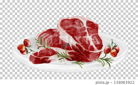 Fresh meat on a white plate watercolor watercolor illustration. Food clip art. Hand-drawn organic cow meat on a white plate on a white background. Perfect for cookbook design, restaurant menus, and 138063922