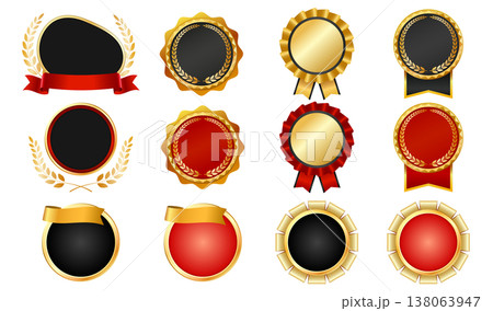不規則な形の高級エンブレムフレームセット｜金色装飾ラベルとリボンバッジ素材 138063947