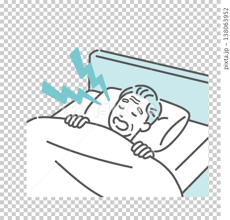 插圖描繪了一位老年男子在床上睡覺,打鼾聲很大(睡眠呼吸中止症/SAS)。 插圖描繪了一位老年男子在床上睡覺,打鼾聲很大(睡眠呼吸中止症/SAS)。 138063952
