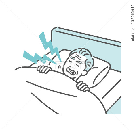 ベッドで歯ぎしり（食いしばり）をして眠るシニア男性のイラスト（睡眠障害・歯の摩耗） 138063953