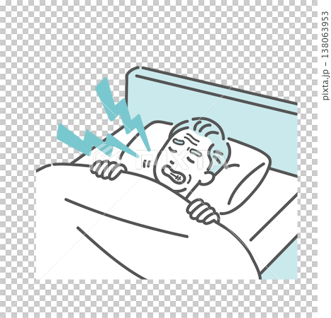 ベッドで歯ぎしり（食いしばり）をして眠るシニア男性のイラスト（睡眠障害・歯の摩耗） 138063953