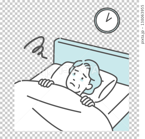 夜中に目が覚めて眠れないシニア女性のイラスト(不眠症・中途覚醒) 夜中に目が覚めて眠れないシニア女性のイラスト(不眠症・中途覚醒) 138063955