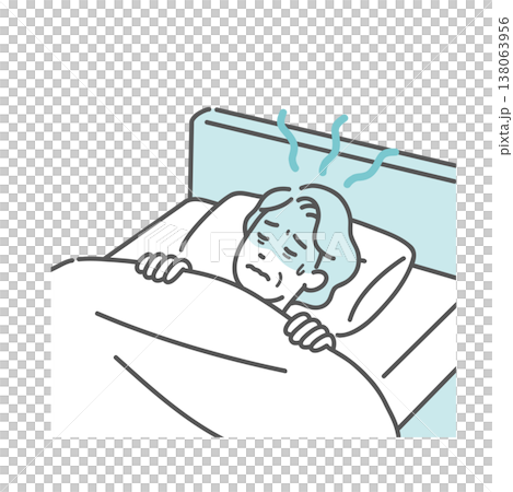 An illustration of a senior woman who is feeling unwell and experiencing night sweats, making it difficult to sleep (fever, indoor heatstroke). 138063956