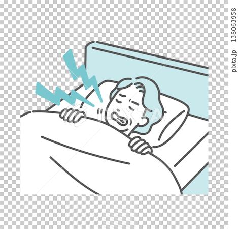 ベッドで歯ぎしり（食いしばり）をして眠るシニア女性のイラスト（睡眠障害・歯のトラブル） 138063958