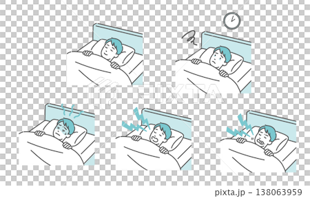 一組與年輕男性睡眠相關的插圖（安穩睡眠、失眠、打鼾、磨牙等） 138063959
