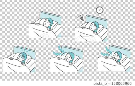 一組與年輕女性睡眠相關的插圖(睡眠品質好、失眠、打鼾、磨牙等) 一組與年輕女性睡眠相關的插圖(睡眠品質好、失眠、打鼾、磨牙等) 138063960