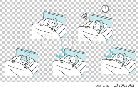 一組與老年女性睡眠相關的插圖(睡眠品質好、失眠、打鼾、磨牙等) 一組與老年女性睡眠相關的插圖(睡眠品質好、失眠、打鼾、磨牙等) 138063962