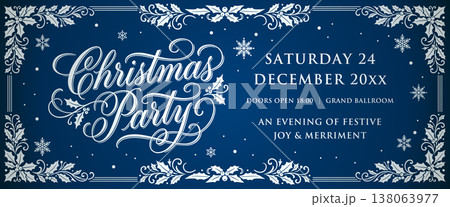 青とシルバーのクリスマスパーティーチケット - 雪の降る冬の夜のフレーム 138063977