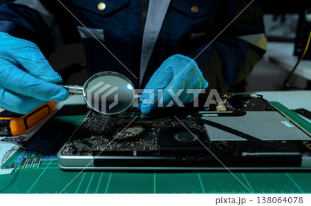 Computer Hardware Technician Repairing Motherboard with Soldering Iron in Electronics Lab. Computer Hardware Technician Repairing Motherboard with Soldering Iron in Electronics Lab. 138064078