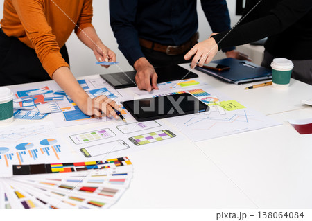 UX developer and ui designer brainstorming about mobile app interface wireframe design with customer breif and color code, User experience concept. 138064084
