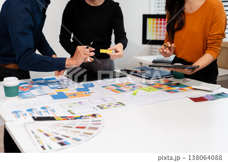 UX developer and ui designer brainstorming about mobile app interface wireframe design with customer breif and color code, User experience concept. UX developer and ui designer brainstorming about mobile app interface wireframe design with customer breif and color code, User experience concept. 138064088