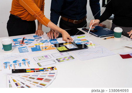 UX developer and ui designer brainstorming about mobile app interface wireframe design with customer breif and color code, User experience concept. 138064093