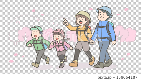 桜が咲く中でハイキングをする若い家族・ファミリーのイラスト 桜が咲く中でハイキングをする若い家族・ファミリーのイラスト 138064187