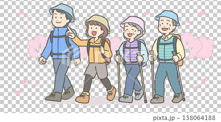 一幅描繪一家人在盛開的櫻花樹下徒步旅行的插圖。 138064188