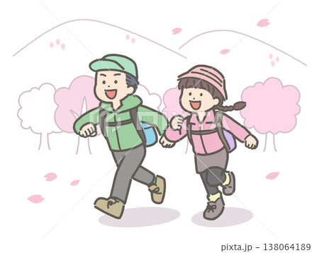 桜が咲く中でハイキングをする子どものイラスト 138064189
