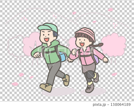 桜が咲く中でハイキングをする子どものイラスト 138064189