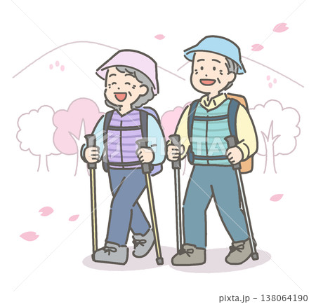 桜が咲く中でハイキングをするシニア夫婦のイラスト 桜が咲く中でハイキングをするシニア夫婦のイラスト 138064190