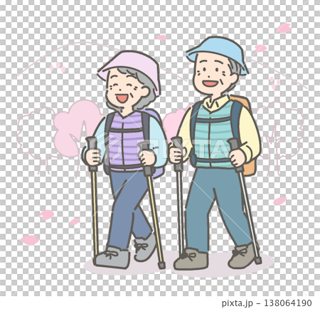 An illustration of a senior couple hiking amidst blooming cherry blossoms. 138064190