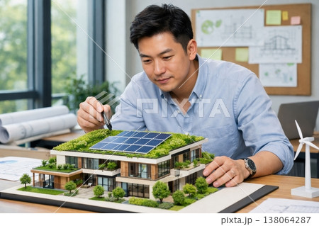 Asian Architect Reviewing Eco Friendly Building Model with Green Roof Design 138064287