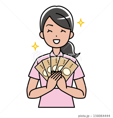 お札を持っている笑顔の外国人女性のイラスト（ポロシャツ姿） 138064444