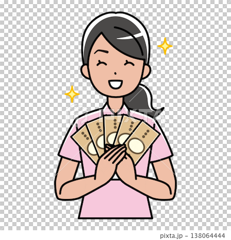 お札を持っている笑顔の外国人女性のイラスト（ポロシャツ姿） 138064444