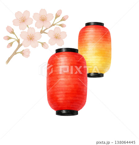 提灯と桜のシンプル素材 春の和風祭りイメージ ちょうちん装飾デザイン 白背景 138064445