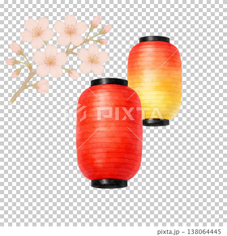 提灯と桜のシンプル素材 春の和風祭りイメージ ちょうちん装飾デザイン 白背景 138064445